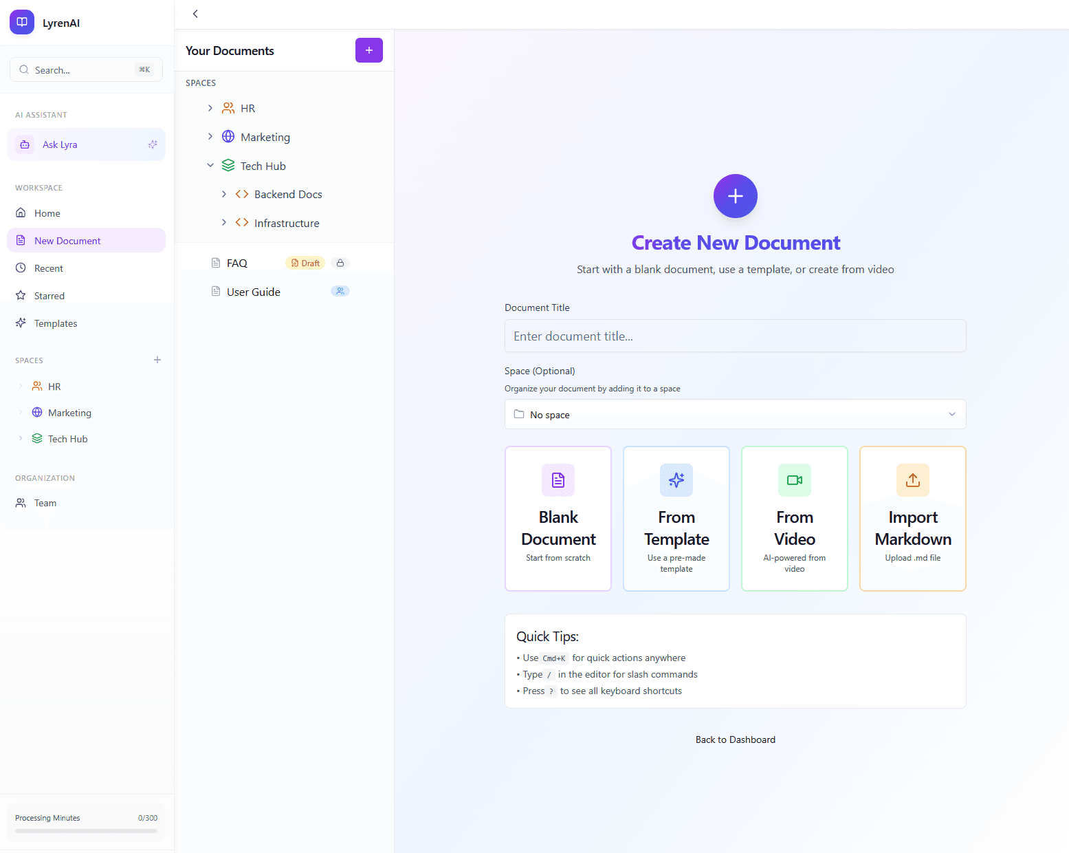 Lyren AI Platform Screenshot - Documentation Dashboard